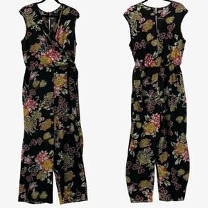 Plus size black floral full length sleeveless jumpsuit romper 1X